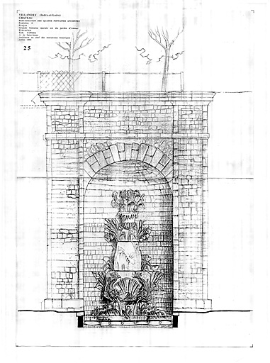 Château : Elévation de la grande fontaine est du jardin d'amour (P.A.T.).