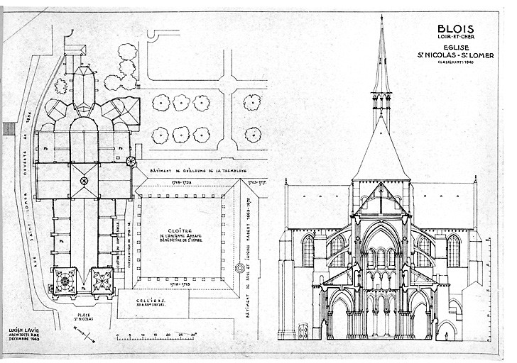 Eglise Saint-Nicolas-Saint-Lomer : plan masse et des abords ; coupe transversale.