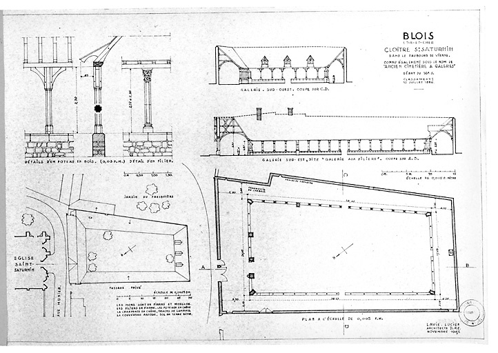 "Cloitre Saint-Saturnin : Plan masse et des abords ; plan au sol ; élévation sud-est, dite "galerie des piliers" ; élévation sud-ouest, coupe C-D."