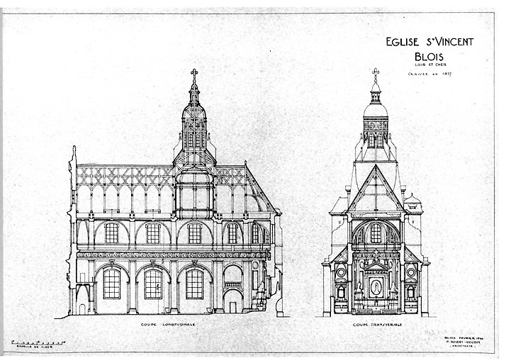 Eglise Saint-Vincent : coupe longitudinale ; coupe transversale.