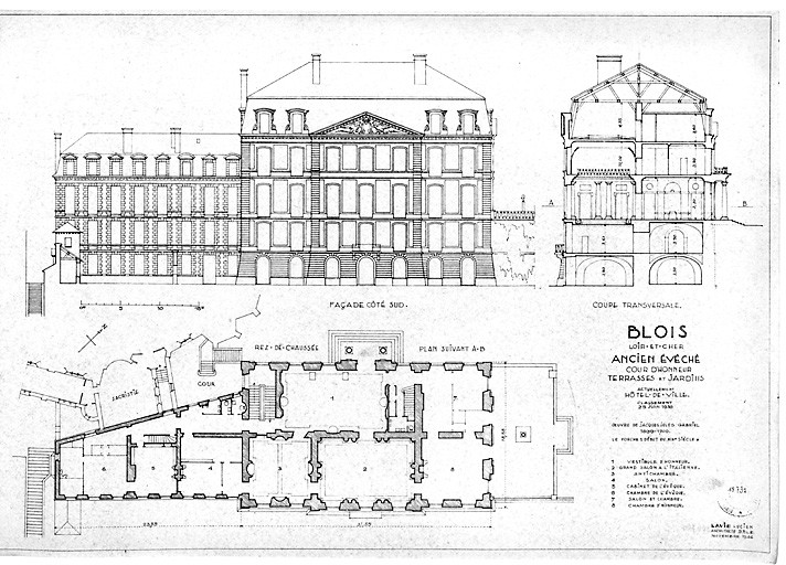 Ancien Evêché, actuellement Hôtel de Ville : Plan rez de chaussée, façade sud, coupe transversale.