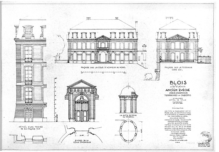 Ancien Evêché, actuellement Hôtel de Ville : Façade sur cour d'honneur au nord, façade sur la terrasse coté est, détail d'une travée de la façade sud, plan et élévation de l'entrée de la cour d'honneur, plan et élévation de la petite retonde du 18ième s.