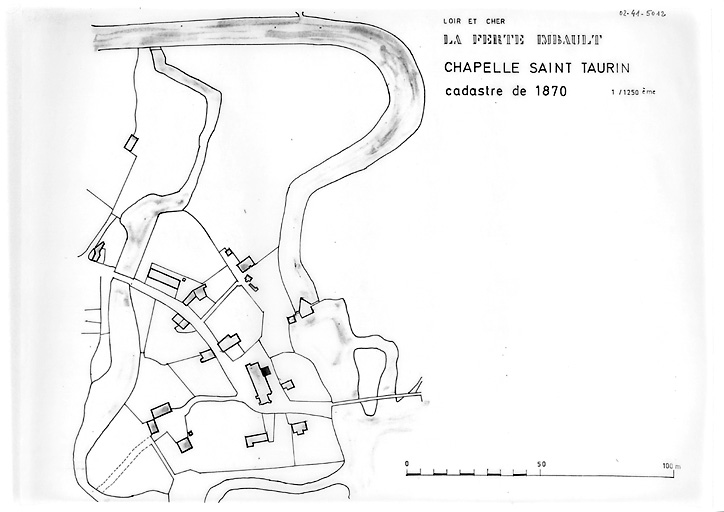 Chapelle, collégiale Saint-Thaurin : Plan masse d'après cadastre de 1870.