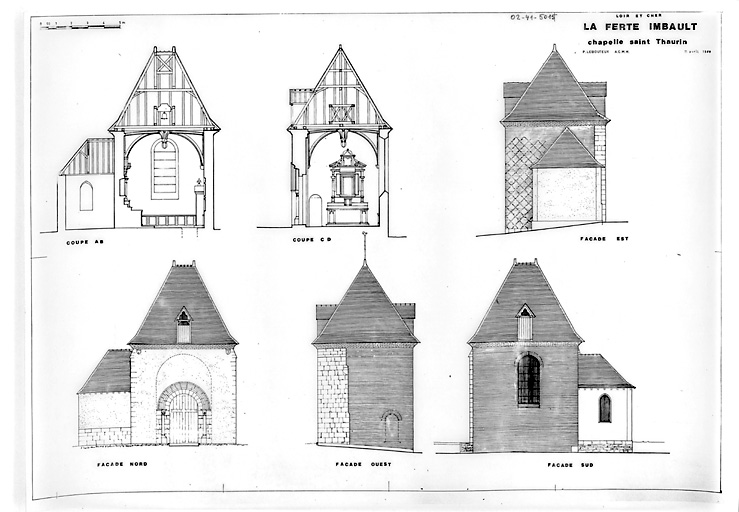 Chapelle, collégiale Saint-Thaurin : Façade nord ; façade ouest ; façade sud ; façade est ; coupe A-B ; coupe C-D.