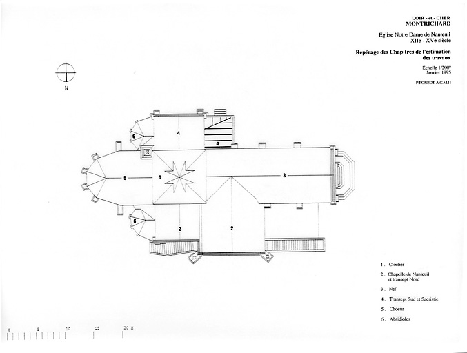 Eglise Notre-Dame de Nanteuil : Plan des couvertures, repérage des Chapitres de l'estimation des travaux.