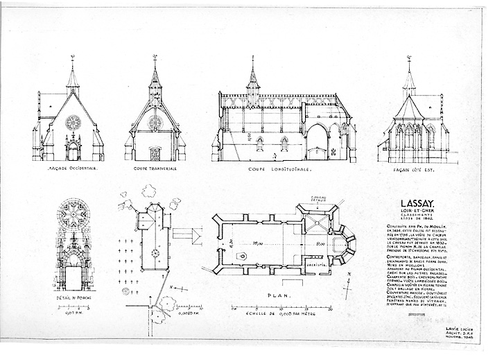 Eglise : Plan de toiture, plan au sol, façade occidentale, coupe transversale, coupe longitudinale, façade est, détail du porche.