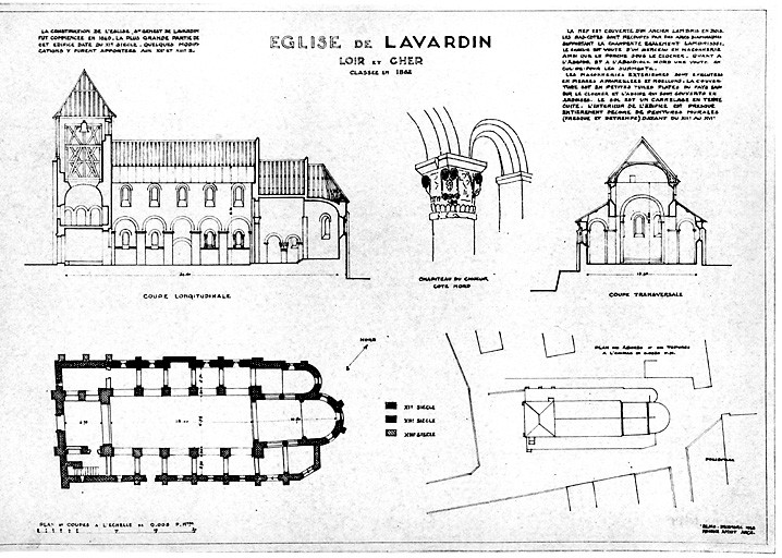 Eglise Saint-Genest : Plan de toiture, plan au sol, coupe transversale, coupe longitudinale, détail de chapiteau du choeur.