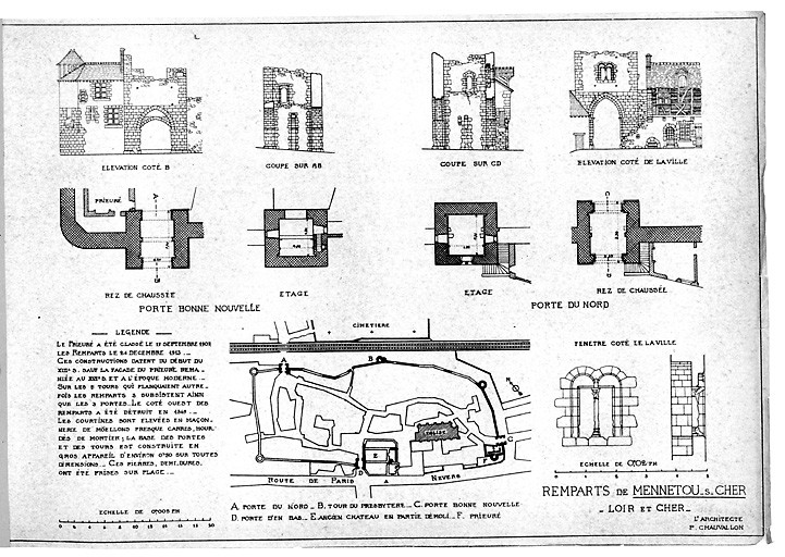 "Enceinte, Porte de ville dit "de Bonne Nouvelle", Porte du nord : Plan d'ensemble ; Porte dite "de Bonne Nouvelle" : plan de rez de chaussée, et d'étage, élévation coté B, coupe A-B ; Porte du Nord, plan du rez de chaussée, et de l'étage, élévation du coté de la ville, coupe C-D; détail de fenêtre."