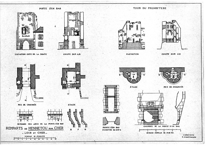 "Enceinte, Porte de ville dite " d'en Bas", tour du presbytère : Porte dite " d'en bas" : plan de rez de chaussée, et d'étage, élévation coté de la route, coupe A-B ; Tour du Presbytère, plan du rez de chaussée, et de l'étage, élévation, coupe C-D ; détail de fenêtre ; détail de cheminée ; détail de retombé des arcs de la porte d'en bas."