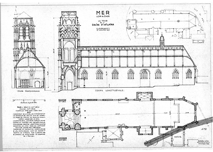 Eglise Saint-Hilaire : Plan au sol ; coupe transversale ; coupe longitudinale ; plan de toiture.