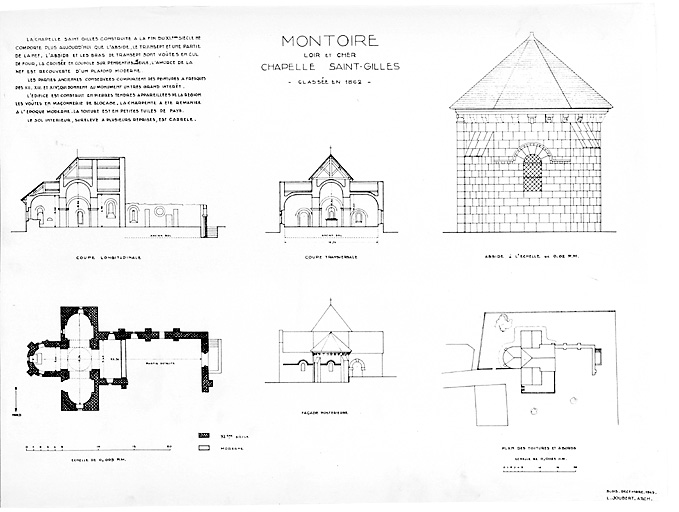 Chapelle Saint-Gilles : plan au sol ; coupe transversale ; coupe longitudinale ; façade postérieure ; élévation de l'abside (échelle : 1/50) ; plan de toiture.