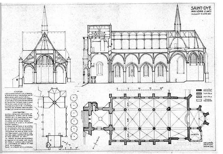 Eglise : plan de toiture et des abords ; plan au sol ; coupe longitudinale ; coupe transversale.