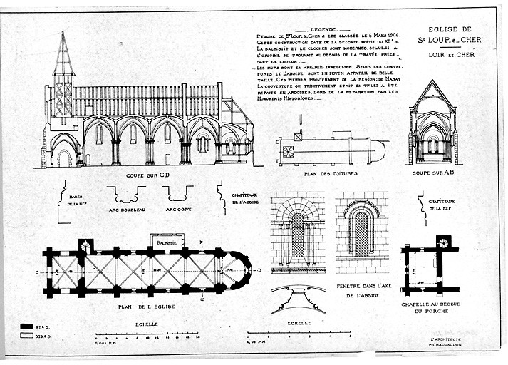 Eglise : Plan de toiture ; plan au sol ; coupe longitudinale C-D ; coupe transversale A-B ; plan de la chapelle au dessus du porche ; détails des fenêtres de l'abside ; profils de moulures de bases de la nef, d'arc de doubleau, d'arc d'ogive, de chapiteau de l'abside.