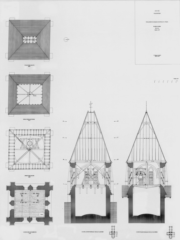 Collégiale Saint-Martin : E.P. de la flèche: plan niveau du tambour A-A' ; plan de l'enrayure basse B-B' ; plan de l'enrayure moyenne C-C' ; plan de L'enrayure haute D-D' ; coupe longitudinale ; coupe transversale.