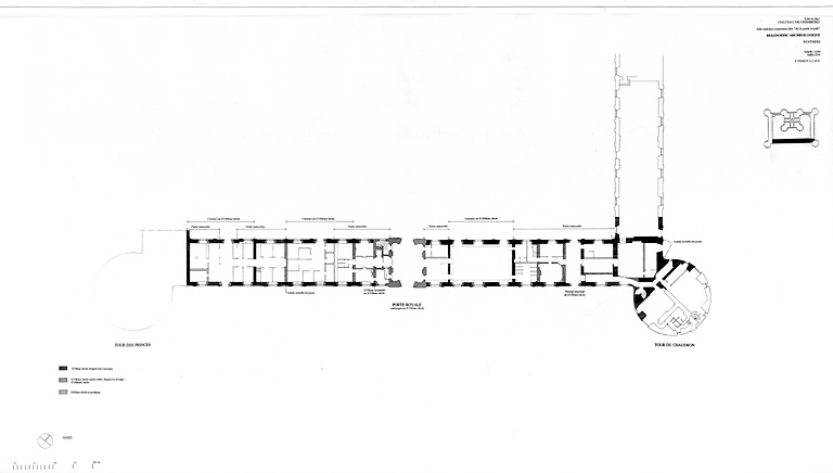 "Château, Domaine de Chambord : Aile sud des communs dite "de la Porte Royale", (Etat Actuel) : plan de synthèse (diagnostique archéologique)."