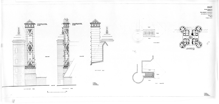 Château, Domaine de Chambord : Pavillon François 1er, la Cheminée est (état existant) : plan, vue de dessus, élévation est, élévation sud, élévation ouest, plan de situation de la cheminée.