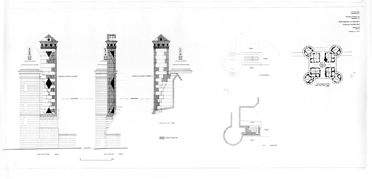 Château, Domaine de Chambord : Pavillon François 1er, la Cheminée est (E.P.) : plan, vue de dessus, élévation est, élévation sud, élévation ouest, plan de situation de la cheminée.