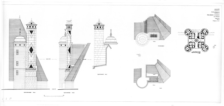 Château, Domaine de Chambord : Pavillon François 1er, la Cheminée est (état proposée) : plan, vue de dessus, élévation est, élévation sud, élévation ouest, plan de situation de la cheminée.