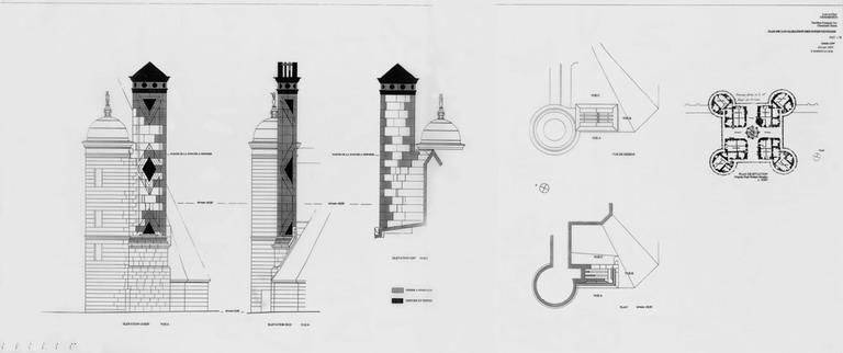 Château, Domaine de Chambord : Pavillon François 1er, cheminée ouest (P. A. T.) : plan, vue de dessus, élévation est, élévation sud, élévation ouest, plan de situation de la cheminée.