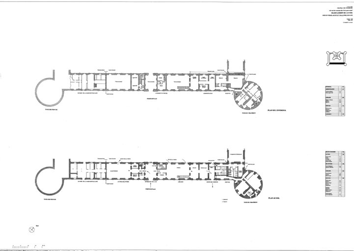 "Château, Domaine de Chambord : P. A. T du REAMENAGEMENT DE L'ACCUEIL (Aile sud des communs dite "de la Porte Royale") : plan au sol ; plan de l'entresol."