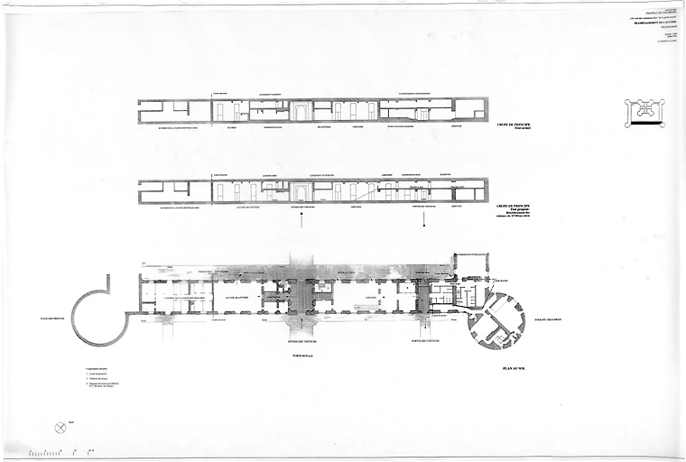 "Château, Domaine de Chambord : P. A. T du REAMENAGEMENT DE L'ACCUEIL. (Aile sud des communs dite "de la Porte Royale") : coupe longitudinale ; PROGRAMME: plan au sol ; coupe longitudinale."