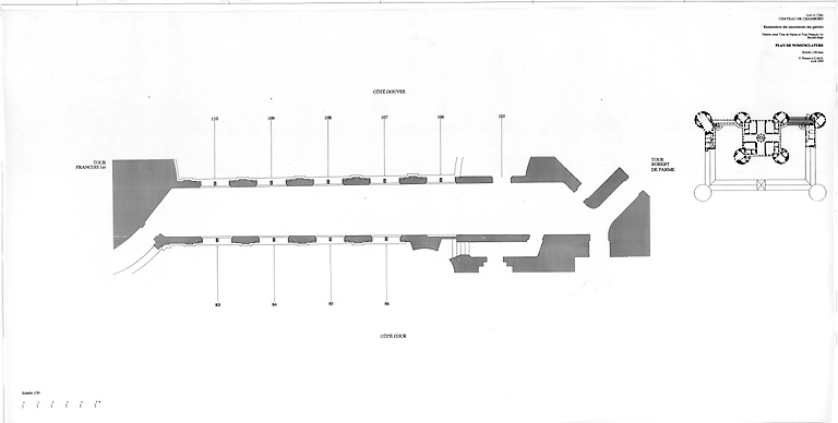 Château, Domaine de Chambord : RESTAURATION DES MENUISERIES DES GALERIES Etat Actuel : galerie entre Tour de Parme et Tour François 1er, second étage ; plan de nomenclature