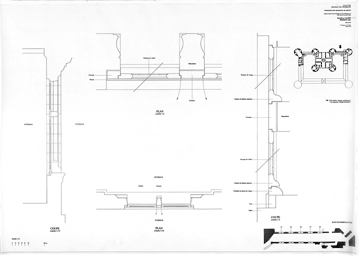 Château, Domaine de Chambord : RESTAURATION DES MENUISERIES DES GALERIES Etat Actuel : galerie entre Tour de Parme et Tour François 1er, second étage ; plans et coupes de menuiserie type du coté des douves (nord)