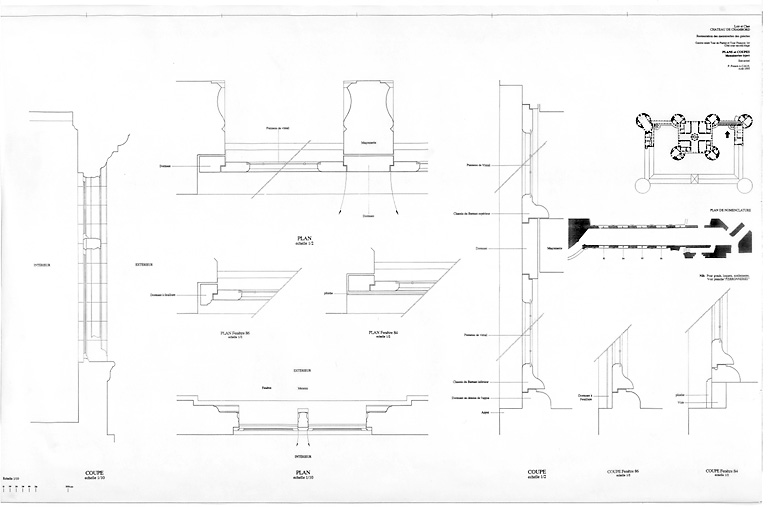 Château, Domaine de Chambord : RESTAURATION DES MENUISERIES DES GALERIES Etat Actuel : galerie entre Tour de Parme et Tour François 1er, second étage ; plans et coupes de menuiserie type du coté cour (sud)