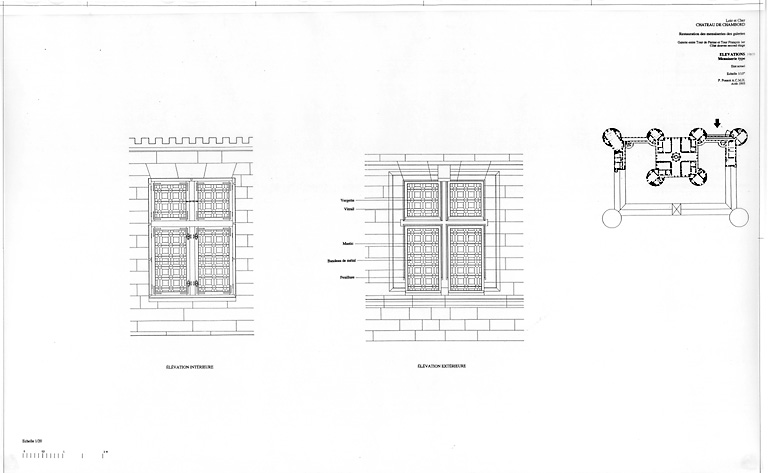 Château, Domaine de Chambord : RESTAURATION DES MENUISERIES DES GALERIES Etat Actuel : galerie entre Tour de Parme et Tour François 1er, second étage ; élévations de menuiserie type du coté des douves (nord).