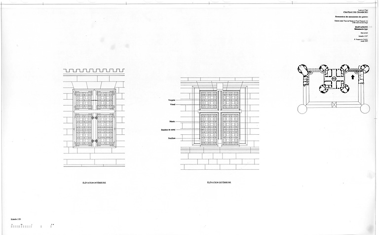 Château, Domaine de Chambord : RESTAURATION DES MENUISERIES DES GALERIES Etat Actuel : galerie entre Tour de Parme et Tour François 1er, second étage ; élévations de menuiserie type du coté cour (sud)
