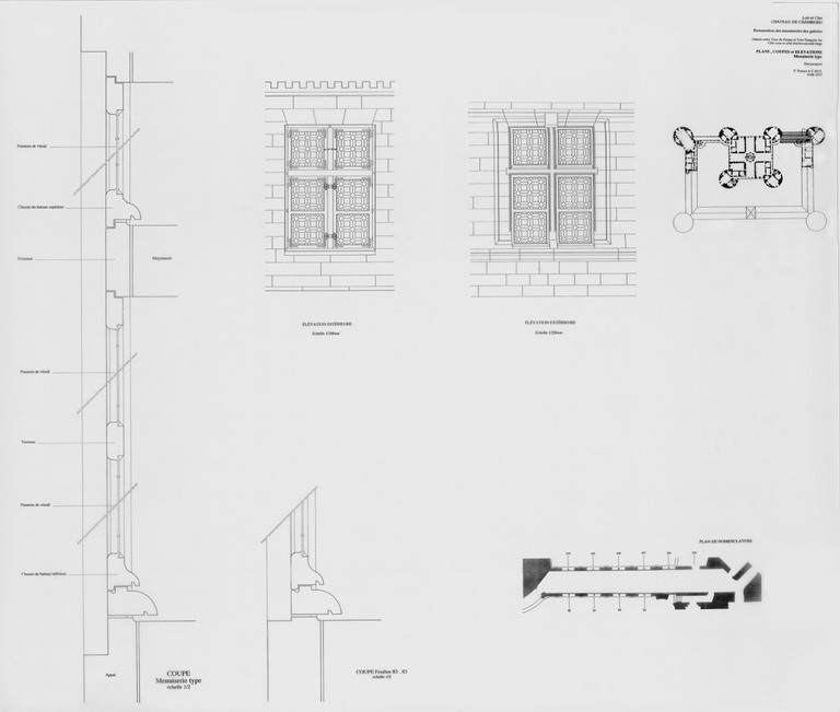 Château, Domaine de Chambord : RESTAURATION DES MENUISERIES DES GALERIES Etat Proposé : galerie entre Tour de Parme et Tour François 1er, second étage ; plans, coupes et élévations d'une menuiserie type.