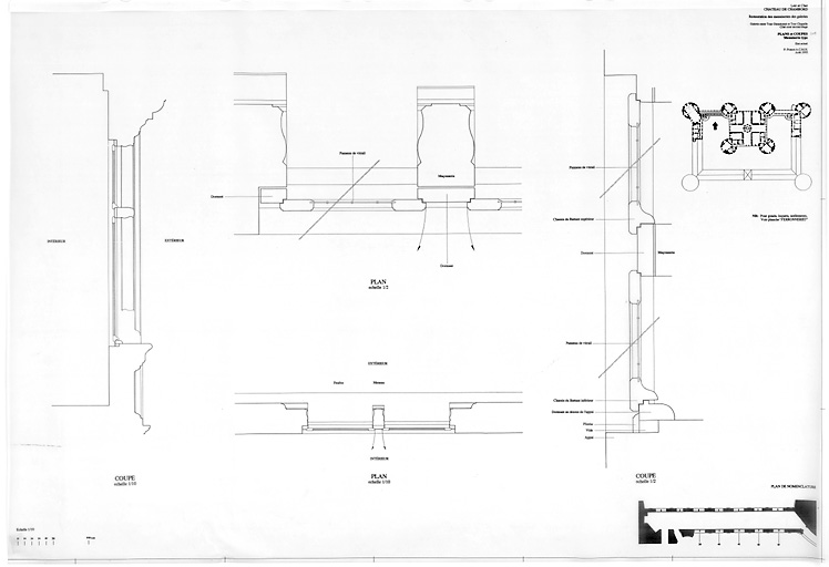 Château, Domaine de Chambord : RESTAURATION DES MENUISERIES DES GALERIES Etat Actuel :galerie entre Tour Dieudonné et Tour Chapelle, second étage : plans et coupes d'une menuiserie type du coté de la cour (sud).