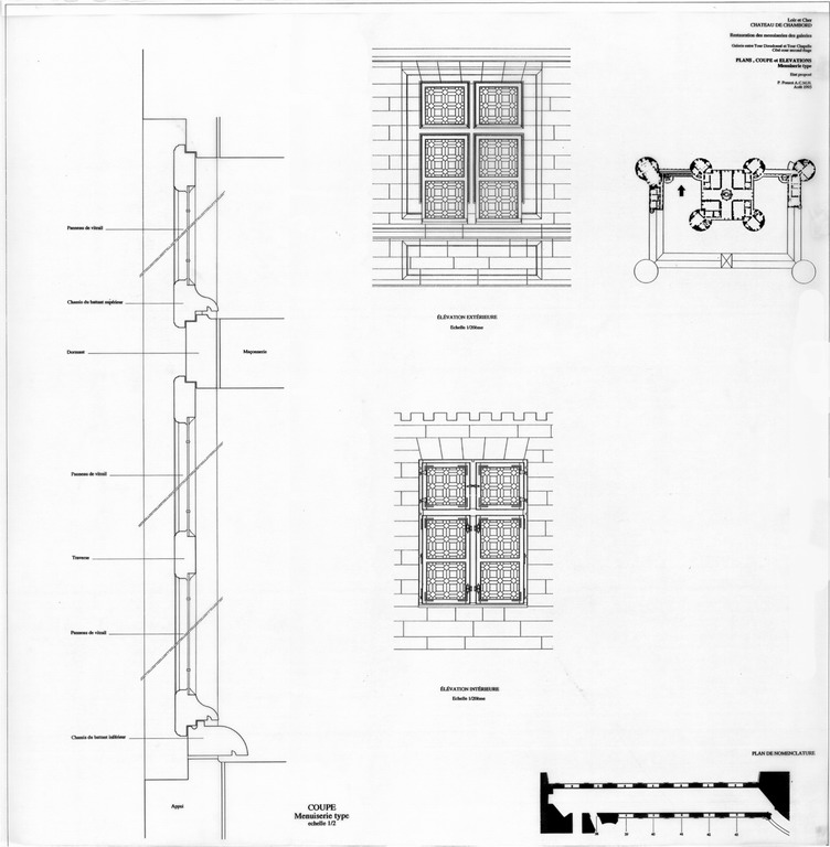 Château, Domaine de Chambord : RESTAURATION DES MENUISERIES DES GALERIES Etat Proposé : galerie entre Tour Dieudonné et Tour Chapelle, second étage : plans, coupes et élévations d'une menuiserie type du coté de la cour.