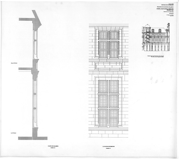 Château, Domaine de Chambord : RESTAURATION DES MENUISERIES DES GALERIES Etat Proposé : galerie entre Tour Dieudonné et Tour Chapelle, second étage : coupe et élévation de principe d'une menuiserie type du 1er et du 2ème étage.