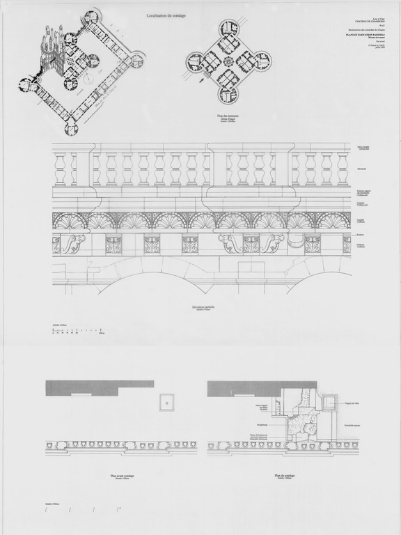 Château, Domaine de Chambord : P.A.T. RESTAURATION DES CORNICHES DU DONJON Etat Actuel : plans de localisation des sondages ; plan et élévation partiel au niveau des terrasses.