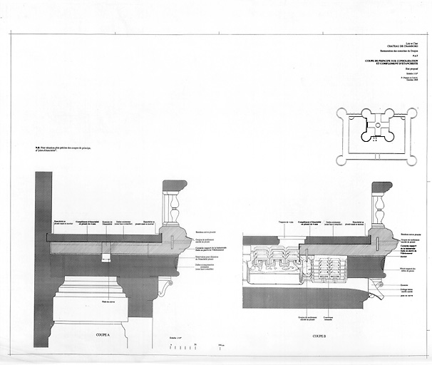 Château, Domaine de Chambord : P.A.T. RESTAURATION DES CORNICHES DU DONJON Etat Proposé : coupe de principe sur consolidation et complément d'étanchéité.