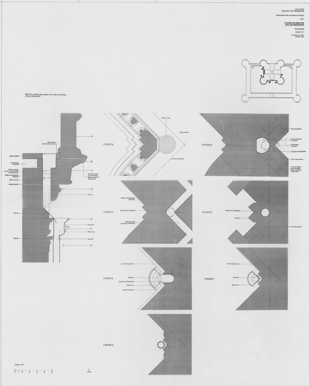 Château, Domaine de Chambord : P.A.T. RESTAURATION DES CORNICHES DU DONJON Etat Proposé : coupe de principe sur les descentes.