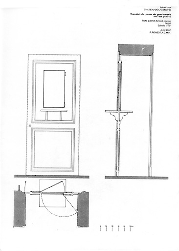 Château, Domaine de Chambord : AMENAGEMENT DE LA GENDARMERIE, Aile des Princes (Etat Projeté) : détail de la porte guichet du local planton : plan ; coupe ; élévation.