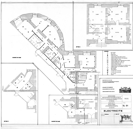 Château, Domaine de Chambord : D.C.E. AMENAGEMENT DE LA GENDARMERIE (Tour des Princes) : ELECTRICITE, plan du rez de chaussée, marché de base, option1 ; plan du 1er étage, marché de base, option2.