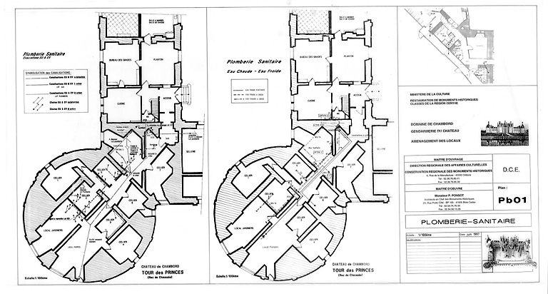 Château, Domaine de Chambord : D.C.E. AMENAGEMENT DE LA GENDARMERIE (Tour des Princes): PLOMBERIE SANITAIRE : plan du rez de chaussée, alimentation eau chaude, eau froide ; plan du rez de chaussée des évacuation E. U. et E.V.