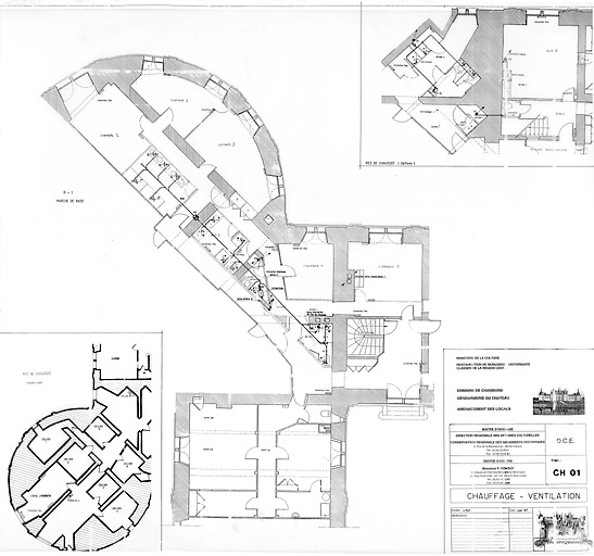 Château, Domaine de Chambord : D.C.E. AMENAGEMENT DE LA GENDARMERIE (Tour des Princes) : CHAUFFAGE VENTILATION : plan du rez de chaussée ; plan du 1er étage.