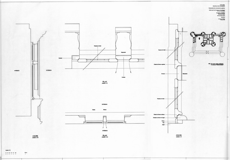 Château, Domaine de Chambord : D.C.E. deuxième tranche, RESTAURATION DES MENUISERIES DES GALERIES Etat Actuel : galerie entre Tour Dieudonné et Tour Chapelle, second étage : plans et coupes d'une menuiserie type.