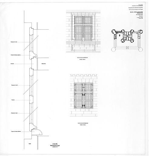 Château, Domaine de Chambord : D.C.E. deuxième tranche, RESTAURATION DES MENUISERIES DES GALERIES. Etat Actuel : galerie entre Tour Dieudonné et Tour Chapelle, second étage : coupe et élévation d'une menuiserie type.