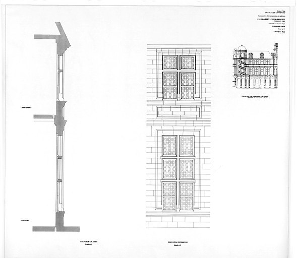 Château, Domaine de Chambord : D.C.E. deuxième tranche, RESTAURATION DES MENUISERIES DES GALERIES Etat Proposé : galerie entre Tour Dieudonné et Tour Chapelle, second étage : élévation extérieure d'une travée type ; coupe sur galerie.