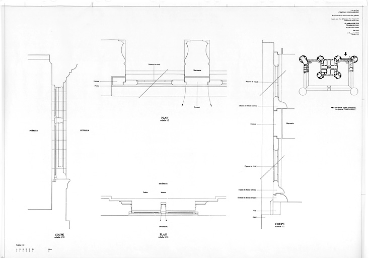 Château, Domaine de Chambord : RESTAURATION DES MENUISERIES DES GALERIES Etat actuel (D.C.E.) : galerie entre Tour de Parme et Tour François 1er ; plans et coupes d'une menuiserie type.