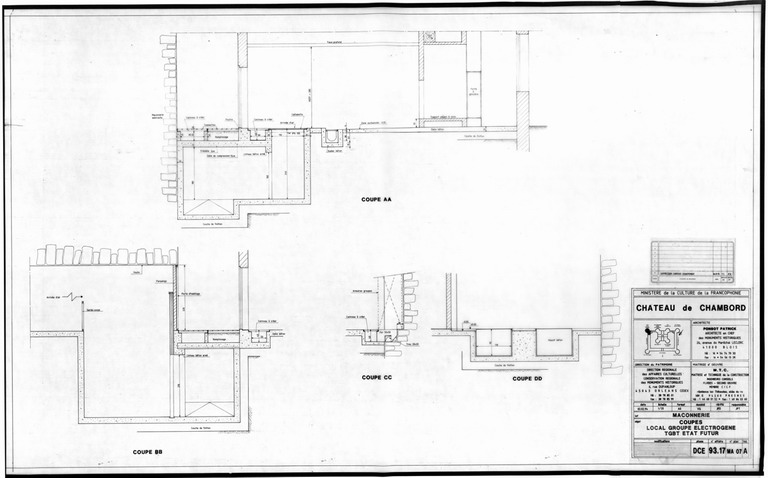 Château, Domaine de Chambord : D.C.E. MA. 07 MISE EN COFORMITE DES RESEAUX ELECTRIQUES, Maçonnerie : coupe du local du groupe électrogène TGBT état futur.