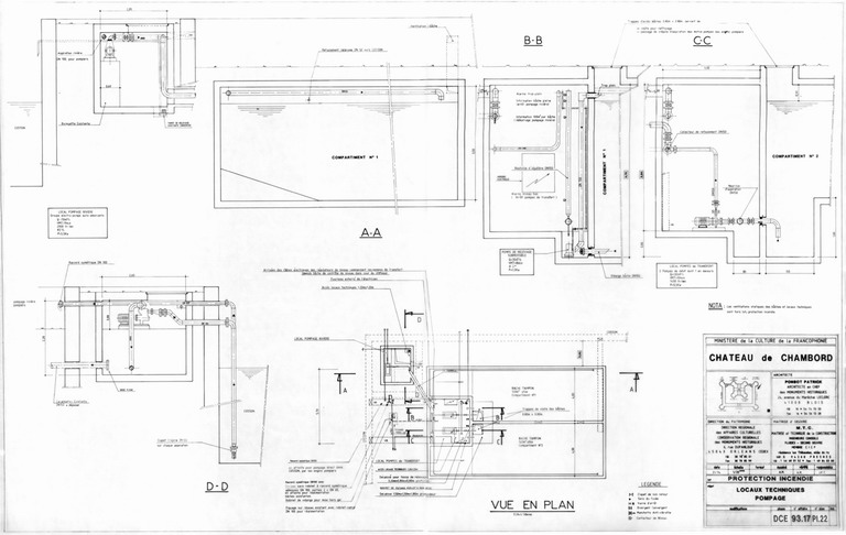 Château, Domaine de Chambord : D.C.E. P.I. 22 MISE EN COFORMITE DES RESEAUX ELECTRIQUES, Protection Incendie (Aile Dauphine) : plan des locaux techniques, pompage.