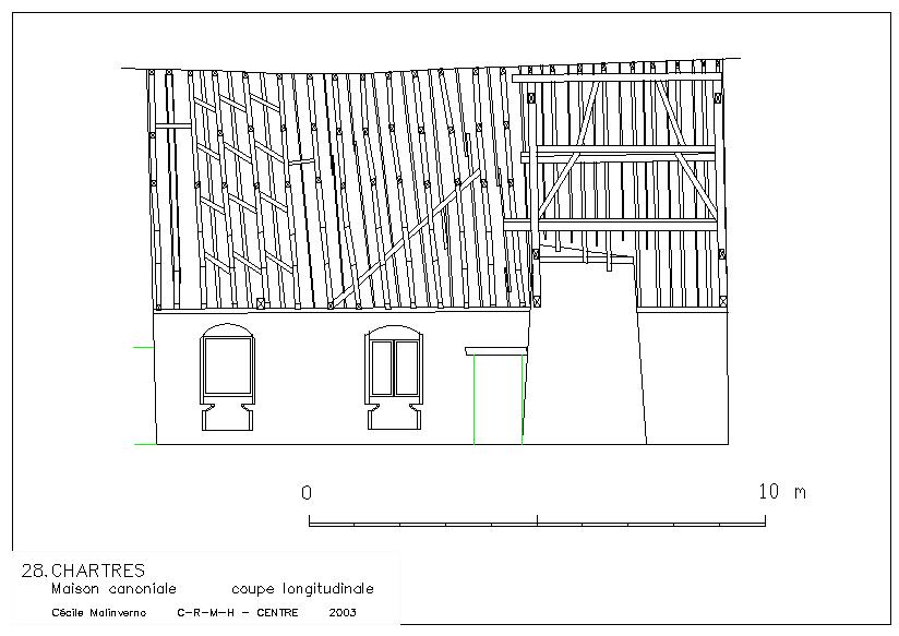 Maison : Coupe longitudinale avec vue intérieure sur le mur ouest.