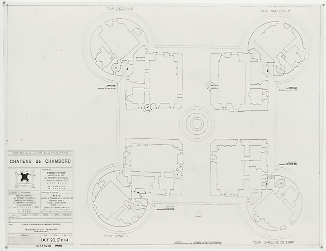 Château, Domaine de Chambord : P 04-Plan de localisation des reseaux incendie : troisième étage, terrasses, zone centrale (DCE)