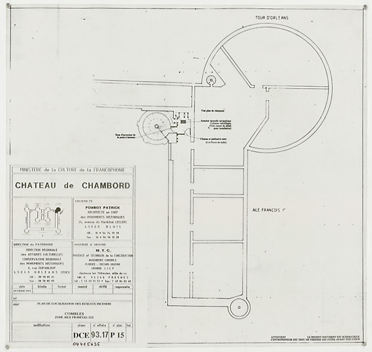 Château, Domaine de Chambord : P 15-Plan de localisation des reseaux incendie : comble, zone aile François 1er (DCE)